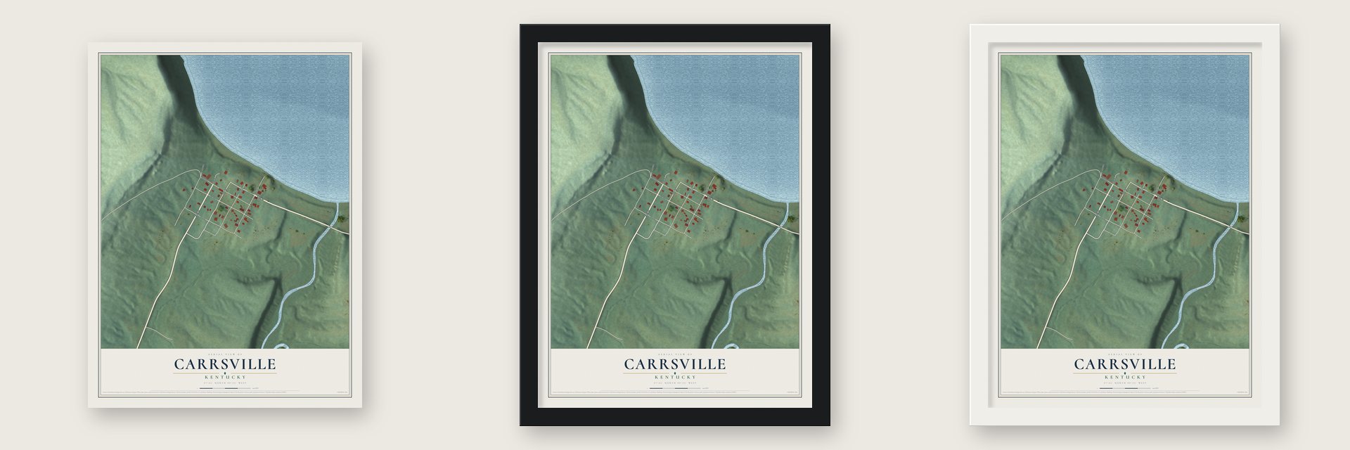 Carrsville, Kentucky map unframed, in a black wood frame and in a white wood frame