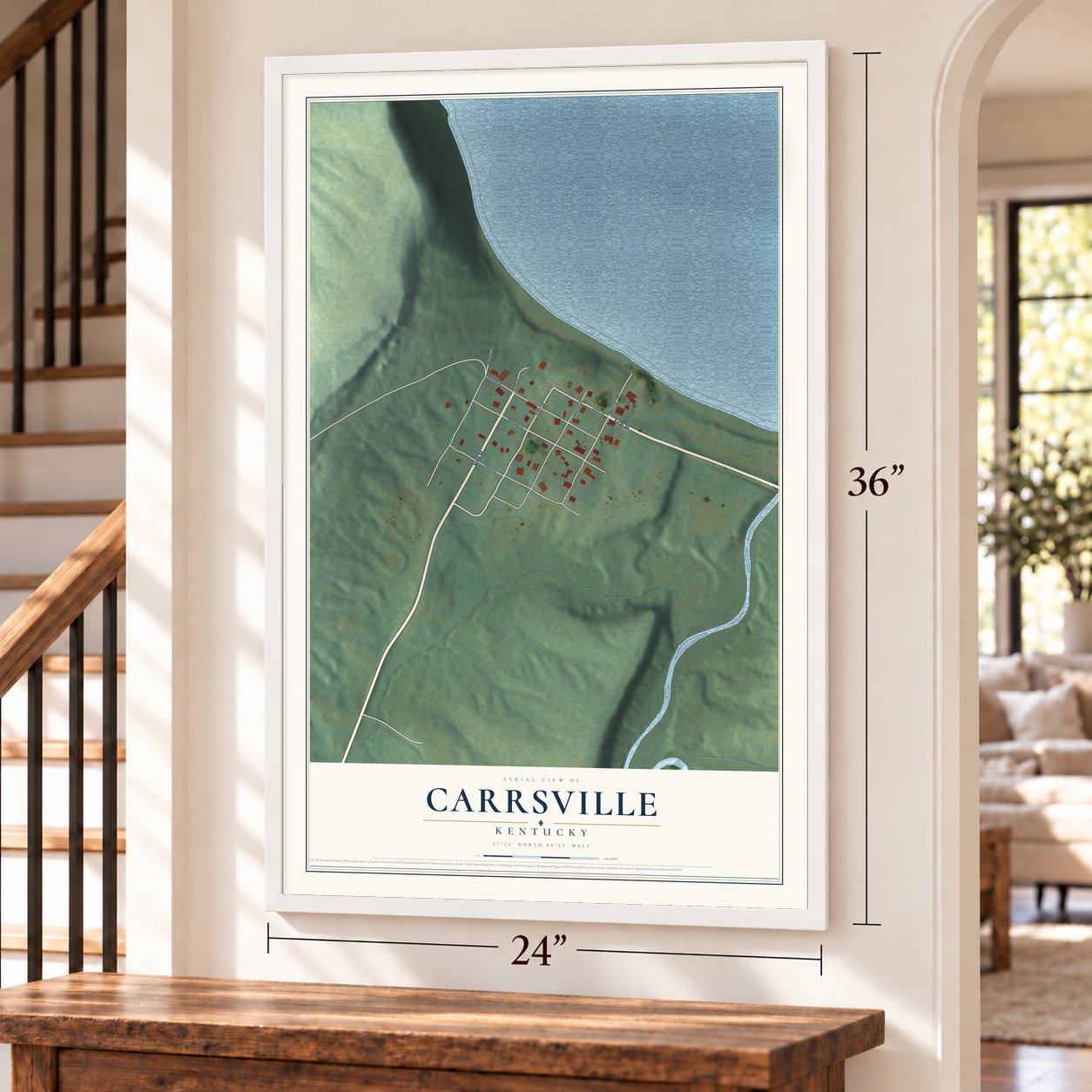 Carrsville, Kentucky map, 24 x 36 inch print in a white frame by a staircase