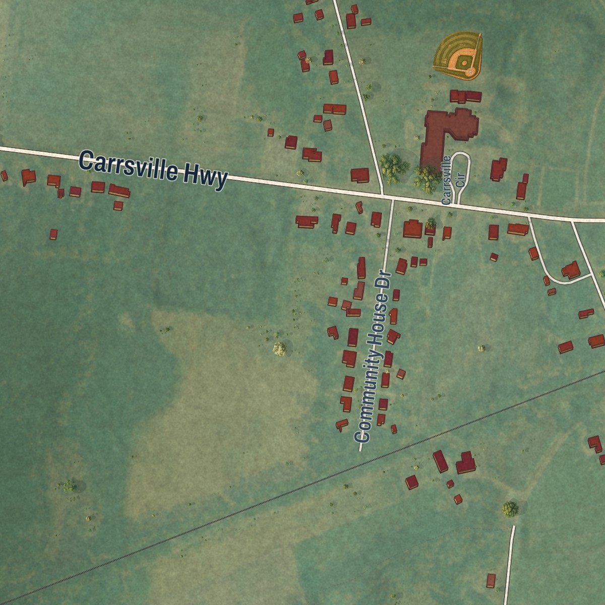 Second close-up of the map of Carrsville, Virginia print showing more streets and buildings