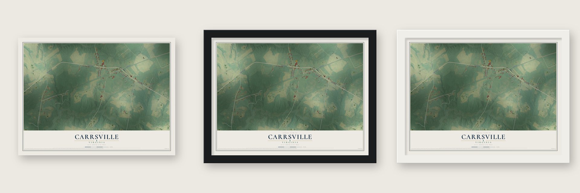 Carrsville, Virginia map unframed, in a black wood frame and in a white wood frame