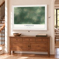 Carrsville, Virginia map, 24 x 36 inch print in a white frame above a dresser by a staircase