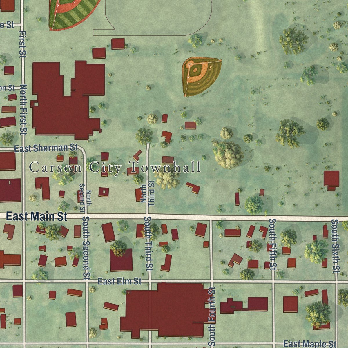 Second close-up of the map of Carson City, Michigan print showing more streets and buildings