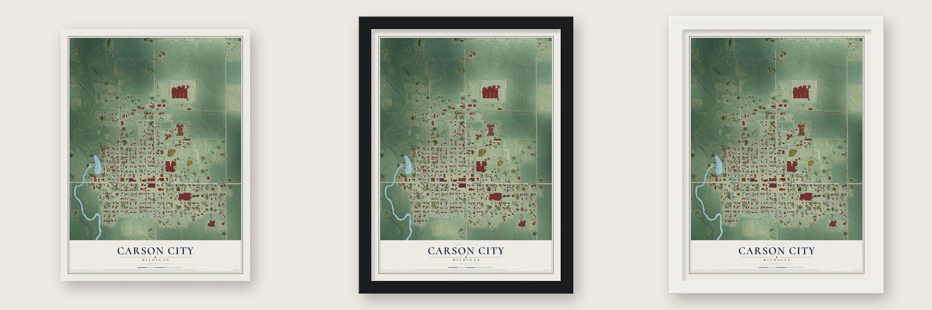 Carson City, Michigan map unframed, in a black wood frame and in a white wood frame