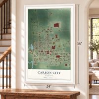 Carson City, Michigan map, 24 x 36 inch print in a white frame by a staircase