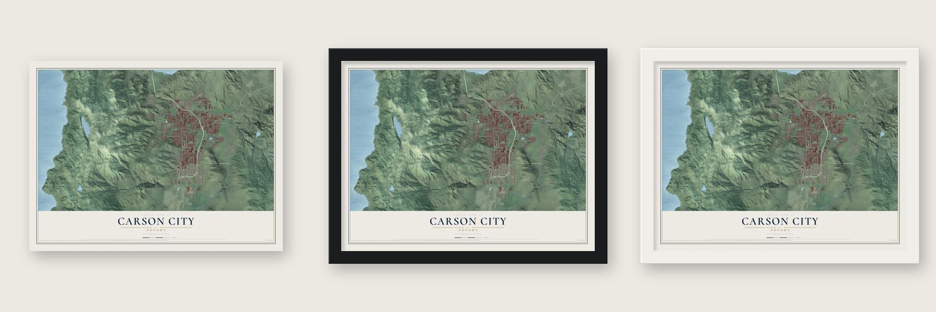 Carson City, Nevada map unframed, in a black wood frame and in a white wood frame