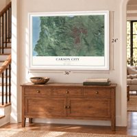 Carson City, Nevada map, 24 x 36 inch print in a white frame above a dresser by a staircase