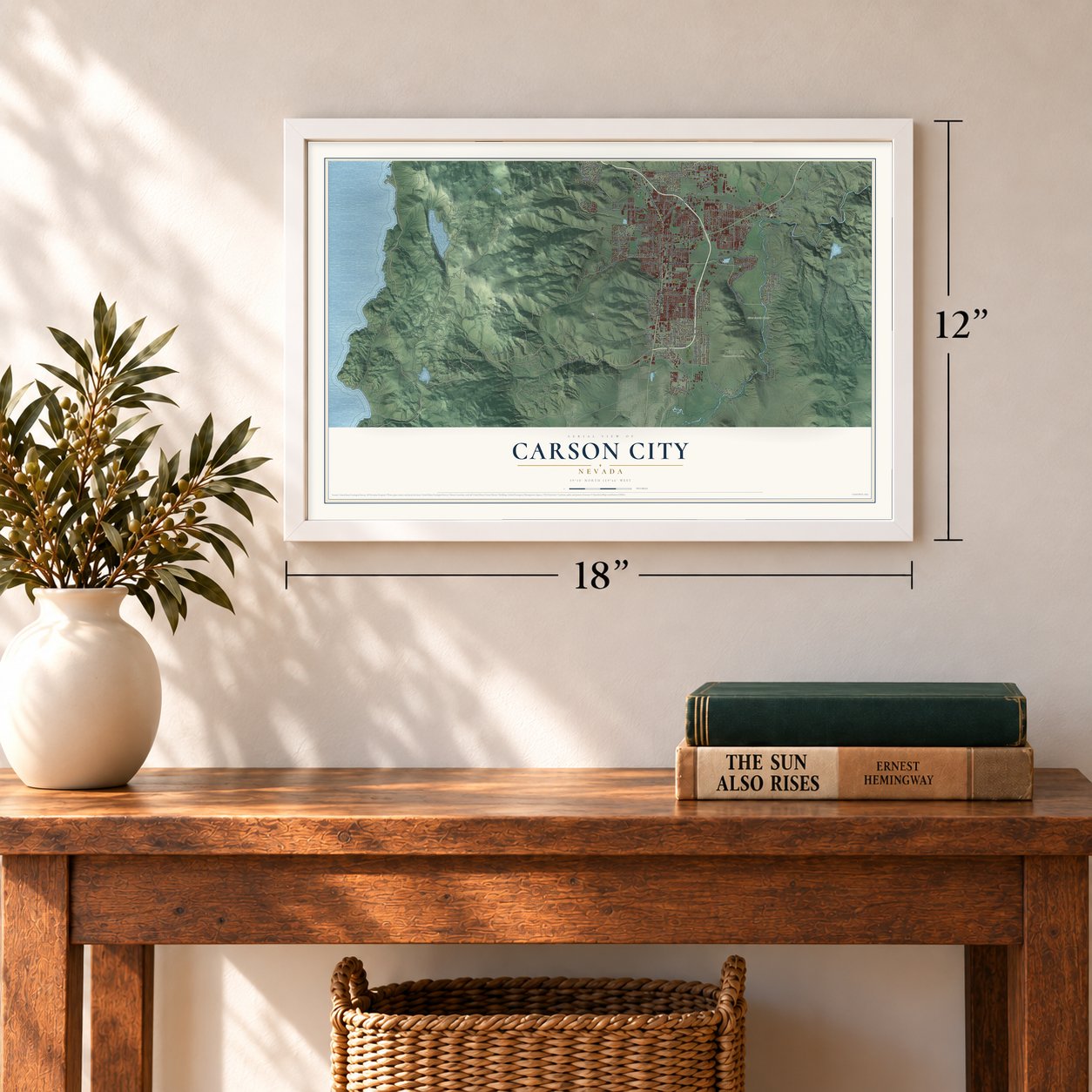 Carson City, Nevada map, 12 x 18 inch print in a white frame in an entryway