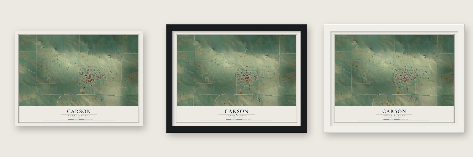 Carson, North Dakota map unframed, in a black wood frame and in a white wood frame