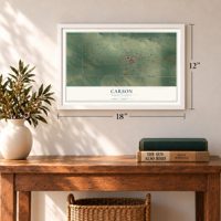 Carson, North Dakota map, 12 x 18 inch print in a white frame in an entryway