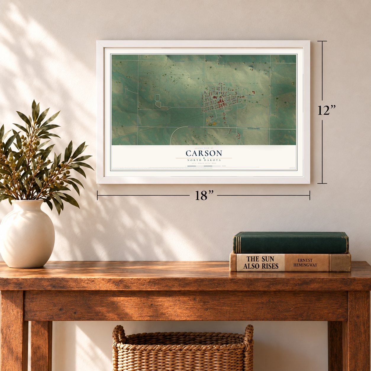 Carson, North Dakota map, 12 x 18 inch print in a white frame in an entryway