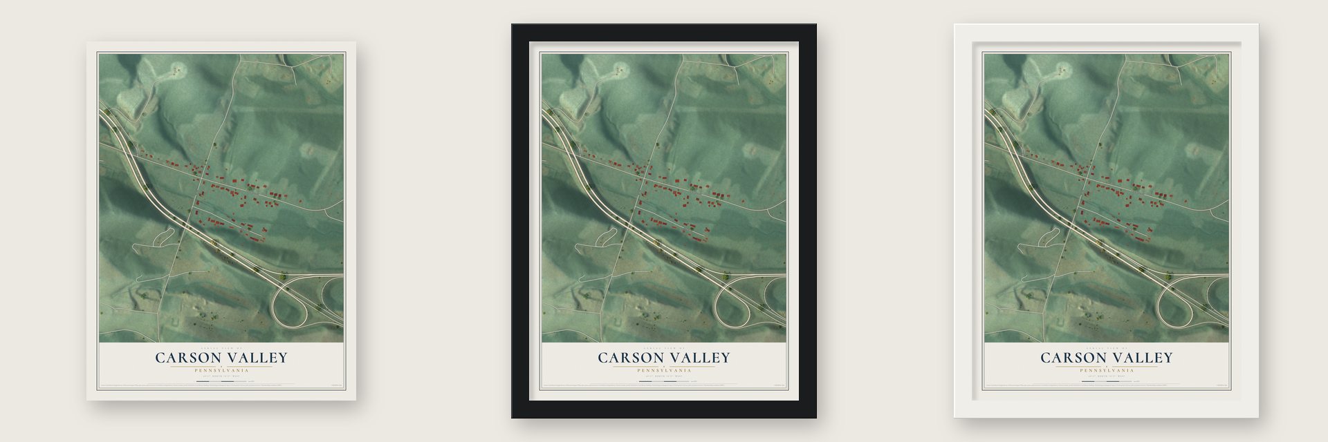 Carson Valley, Pennsylvania map unframed, in a black wood frame and in a white wood frame