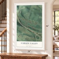 Carson Valley, Pennsylvania map, 24 x 36 inch print in a white frame by a staircase