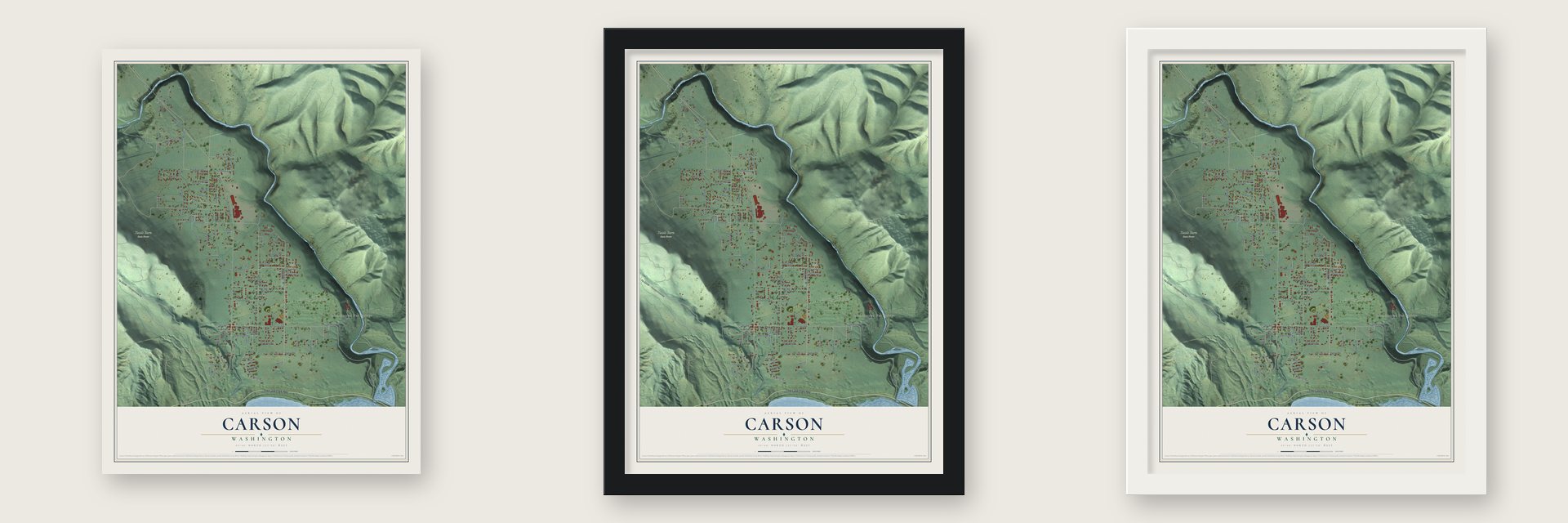 Carson, Washington map unframed, in a black wood frame and in a white wood frame