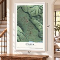 Carson, Washington map, 24 x 36 inch print in a white frame by a staircase