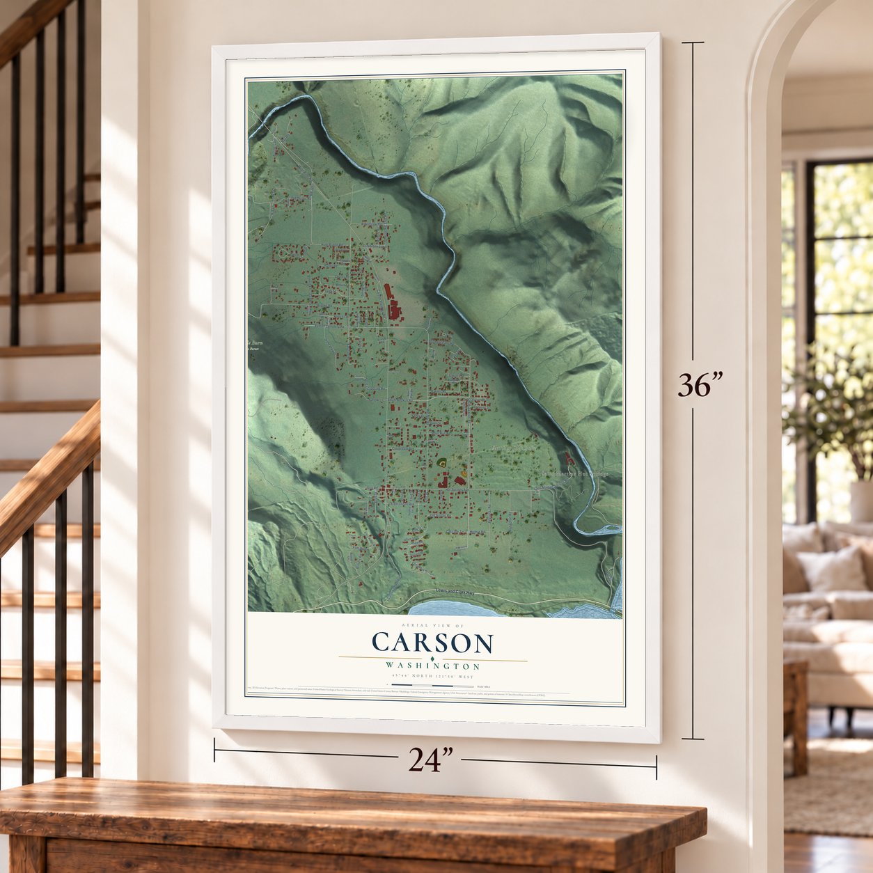 Carson, Washington map, 24 x 36 inch print in a white frame by a staircase