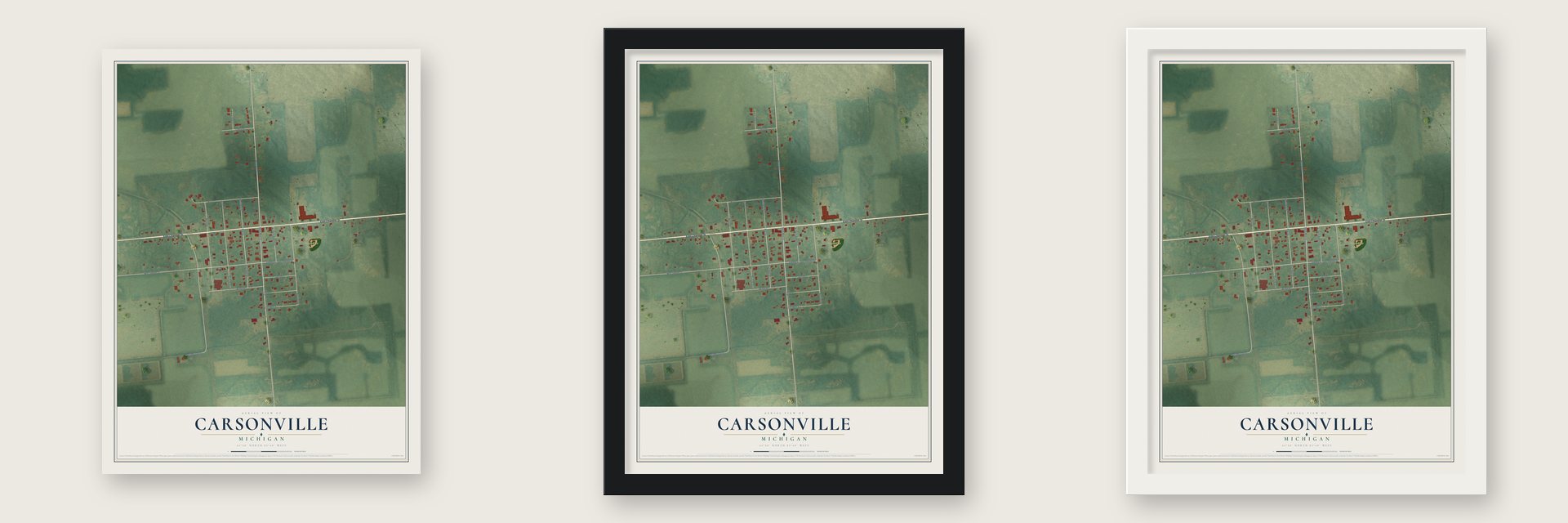Carsonville, Michigan map unframed, in a black wood frame and in a white wood frame