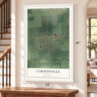Carsonville, Michigan map, 24 x 36 inch print in a white frame by a staircase