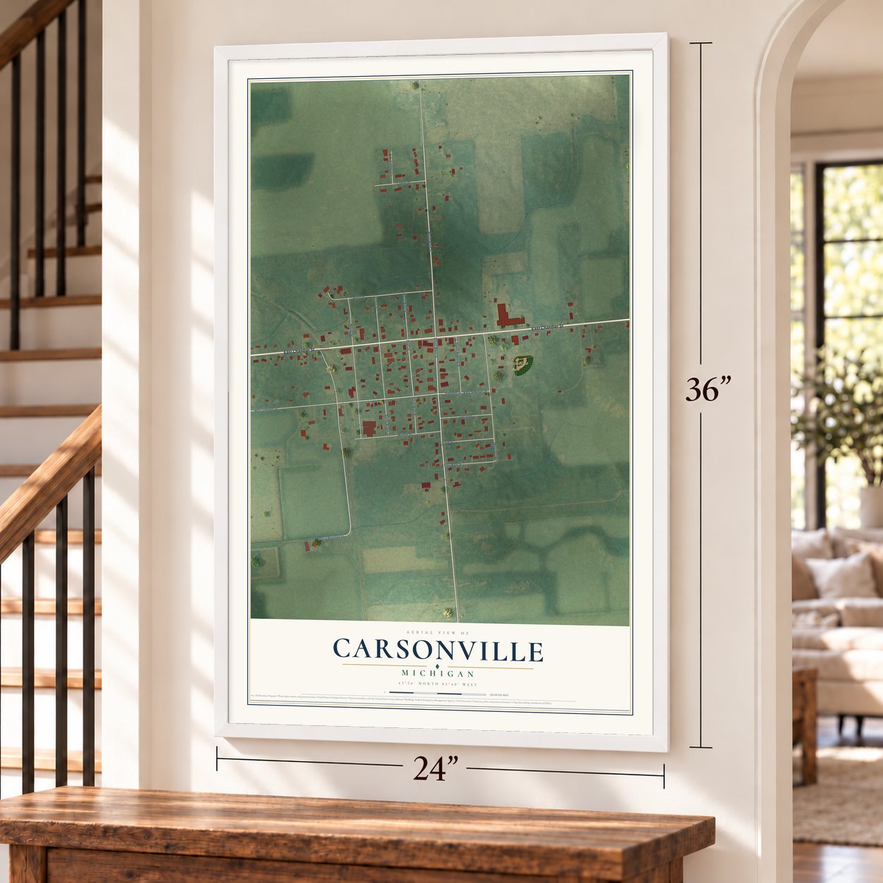 Carsonville, Michigan map, 24 x 36 inch print in a white frame by a staircase