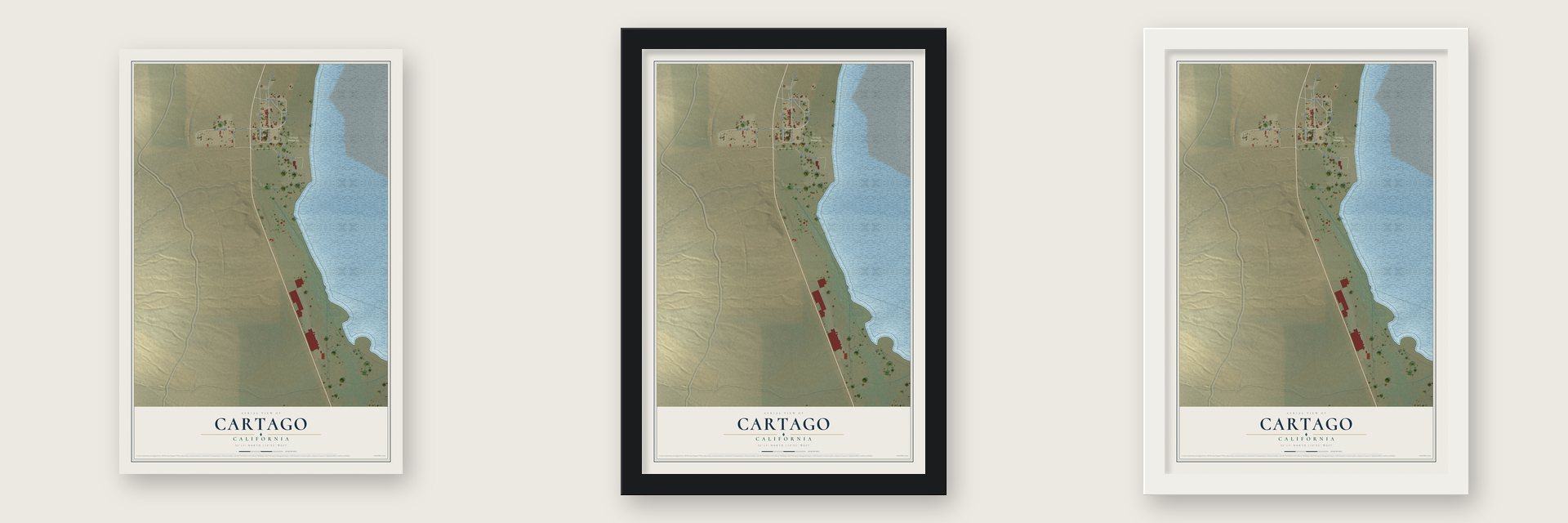 Cartago, California map unframed, in a black wood frame and in a white wood frame