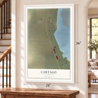Cartago, California map, 24 x 36 inch print in a white frame by a staircase
