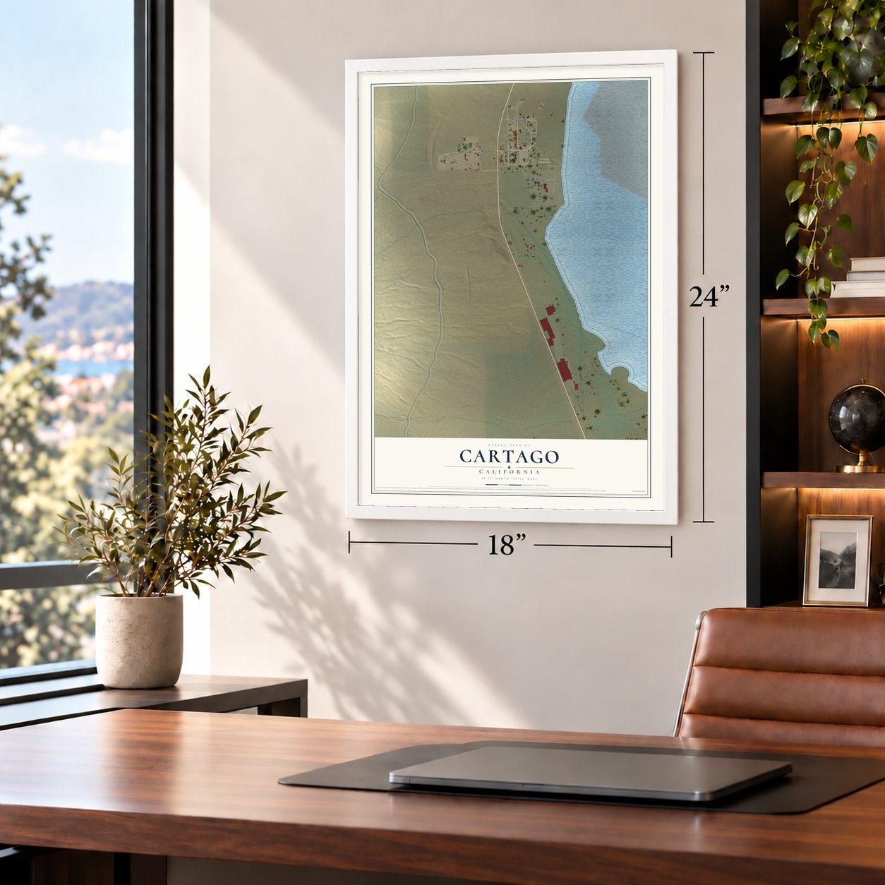 Cartago, California map, 18 x 24 inch print in a white frame in a home office