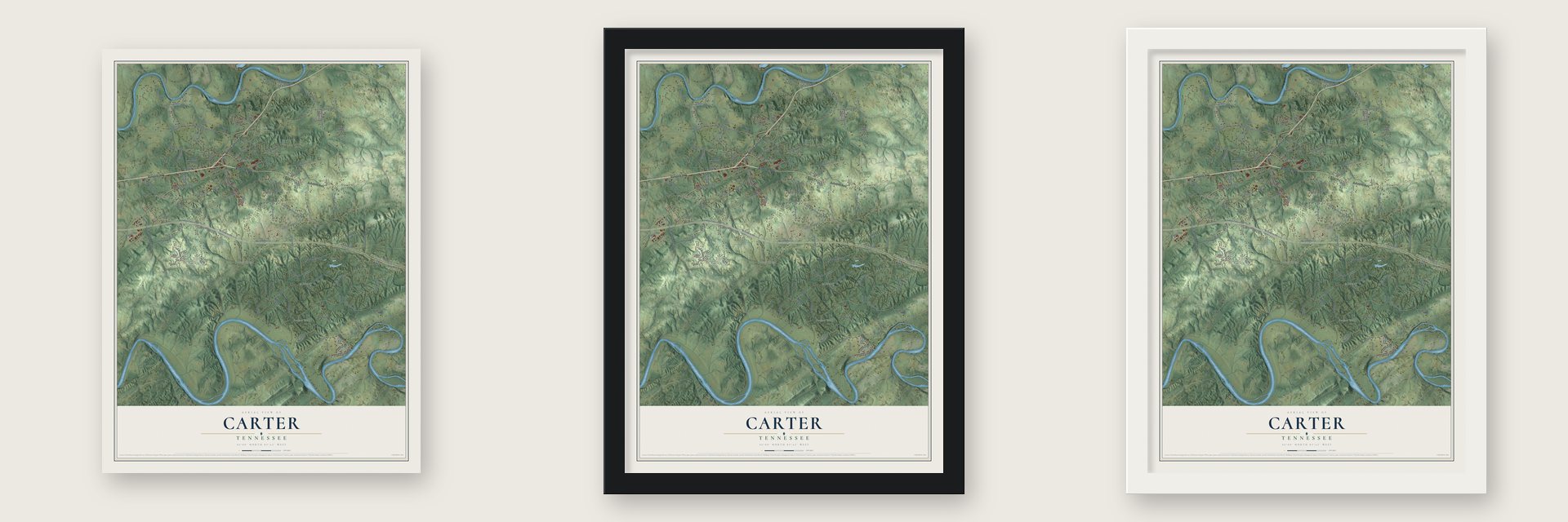 Carter, Knox County, Tennessee map unframed, in a black wood frame and in a white wood frame
