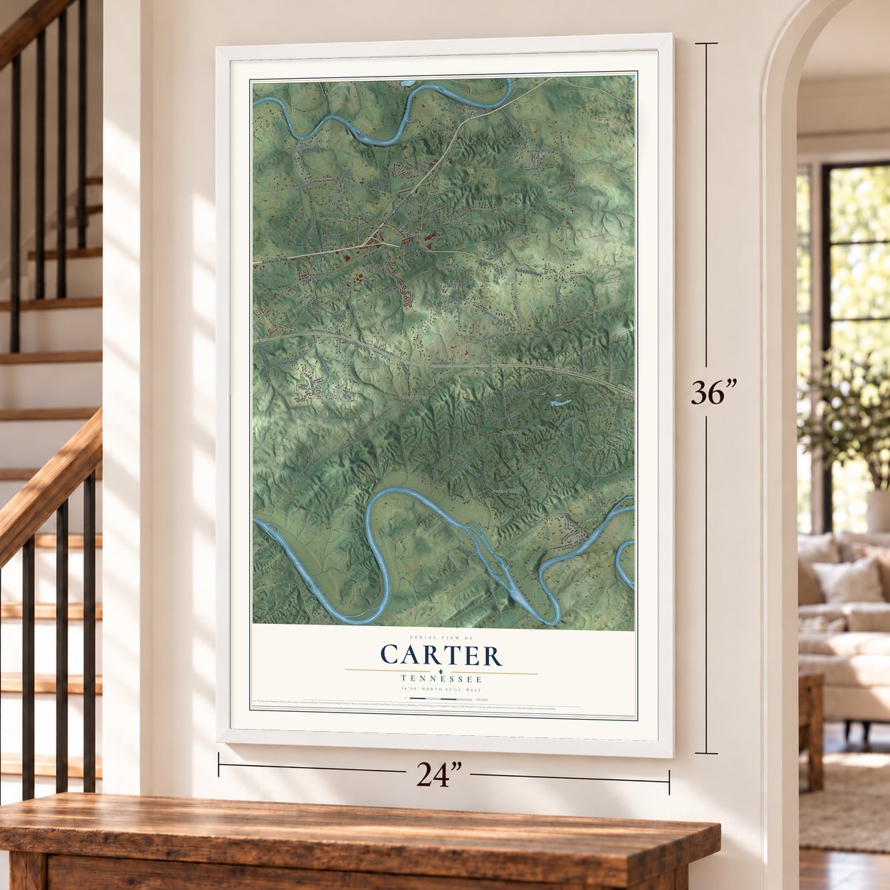 Carter, Knox County, Tennessee map, 24 x 36 inch print in a white frame by a staircase