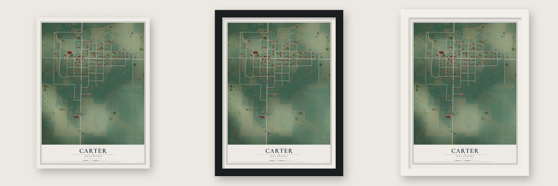 Carter, Oklahoma map unframed, in a black wood frame and in a white wood frame