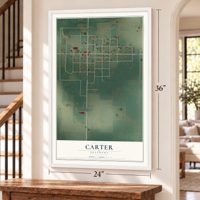 Carter, Oklahoma map, 24 x 36 inch print in a white frame by a staircase