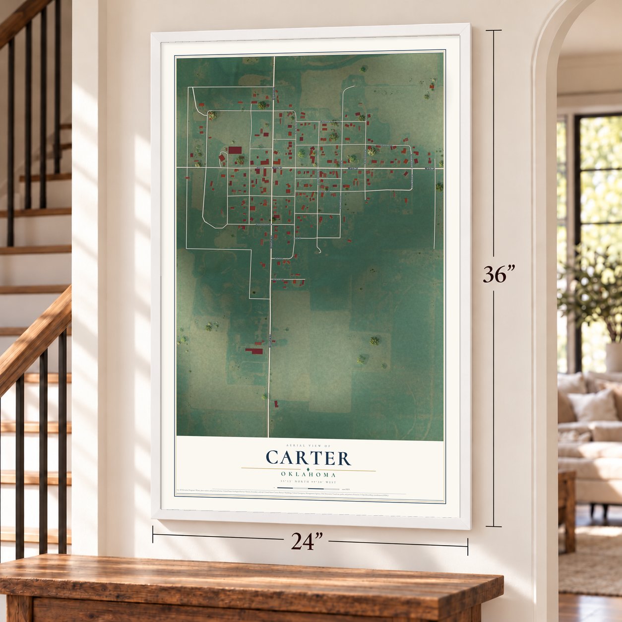Carter, Oklahoma map, 24 x 36 inch print in a white frame by a staircase