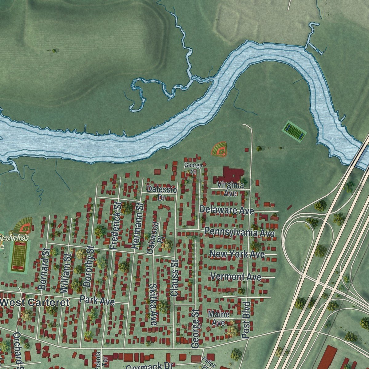 Second close-up of the map of Carteret, New Jersey print showing more streets and buildings