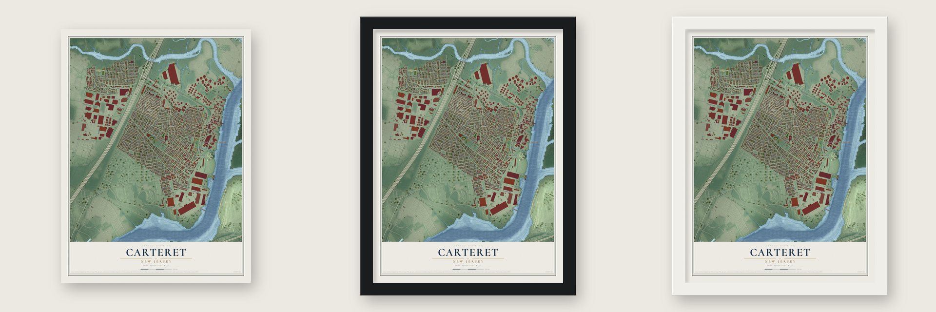 Carteret, New Jersey map unframed, in a black wood frame and in a white wood frame