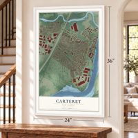 Carteret, New Jersey map, 24 x 36 inch print in a white frame by a staircase
