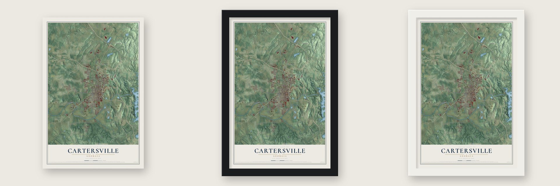 Cartersville, Georgia map unframed, in a black wood frame and in a white wood frame
