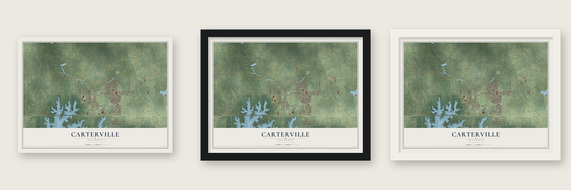 Carterville, Illinois map unframed, in a black wood frame and in a white wood frame