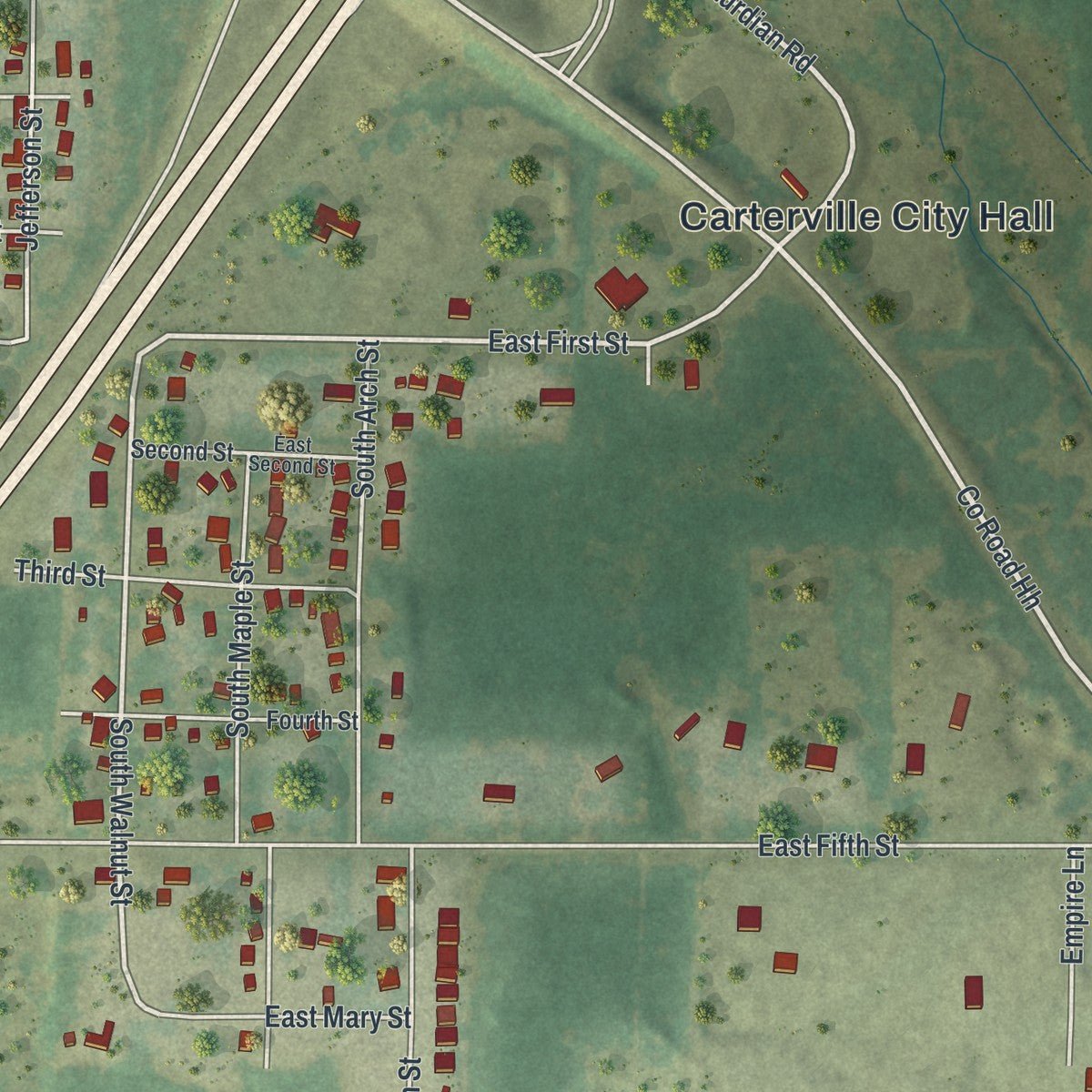Second close-up of the map of Carterville, Missouri print showing more streets and buildings