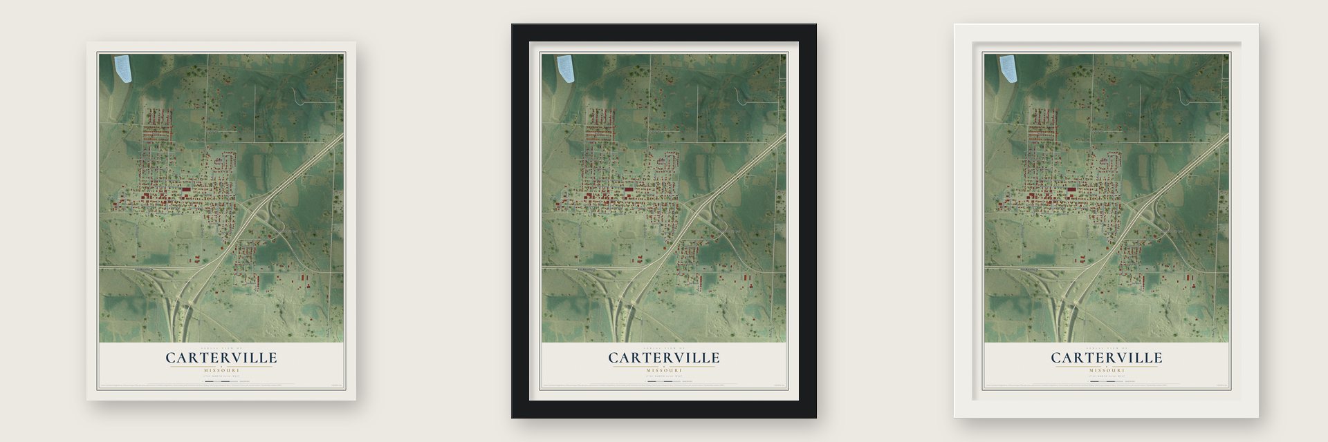 Carterville, Missouri map unframed, in a black wood frame and in a white wood frame