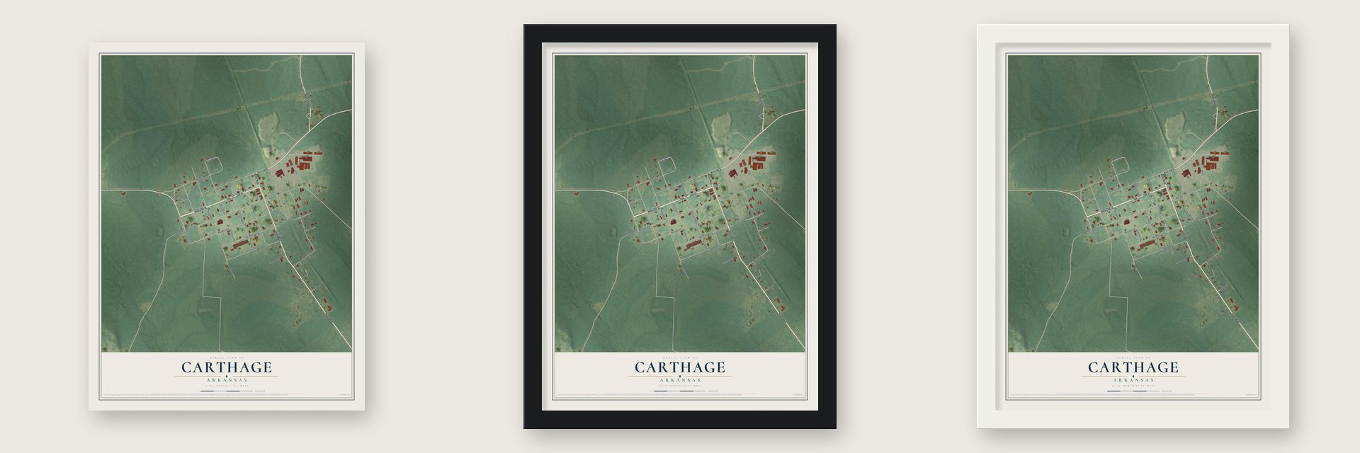 Carthage, Arkansas map unframed, in a black wood frame and in a white wood frame