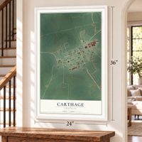 Carthage, Arkansas map, 24 x 36 inch print in a white frame by a staircase