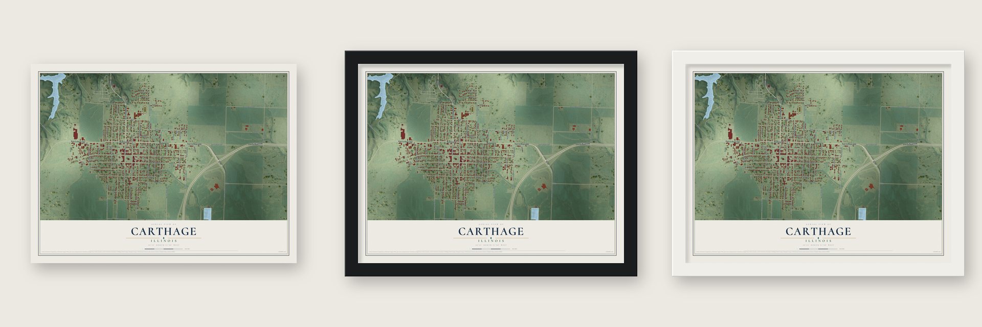 Carthage, Illinois map unframed, in a black wood frame and in a white wood frame