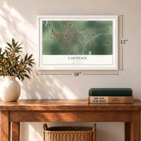 Carthage, Illinois map, 12 x 18 inch print in a white frame in an entryway