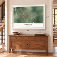 Carthage, Illinois map, 24 x 36 inch print in a white frame above a dresser by a staircase
