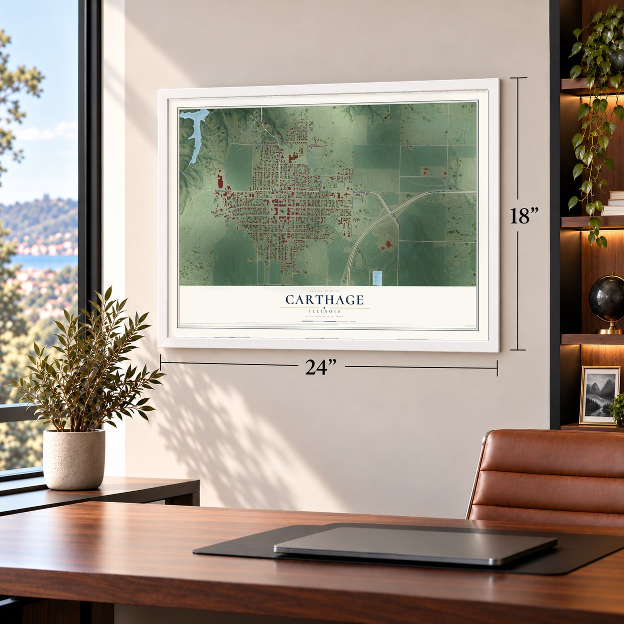 Carthage, Illinois map, 18 x 24 inch print in a white frame in a home office