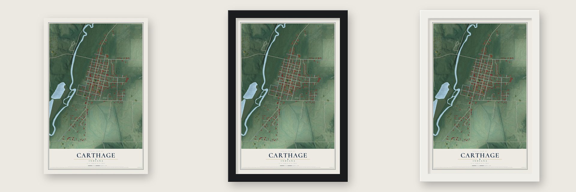 Carthage, Indiana map unframed, in a black wood frame and in a white wood frame