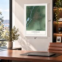 Carthage, Indiana map, 18 x 24 inch print in a white frame in a home office