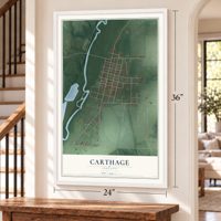 Carthage, Indiana map, 24 x 36 inch print in a white frame by a staircase