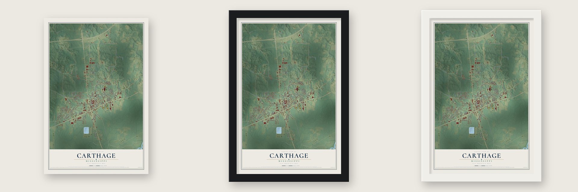 Carthage, Mississippi map unframed, in a black wood frame and in a white wood frame