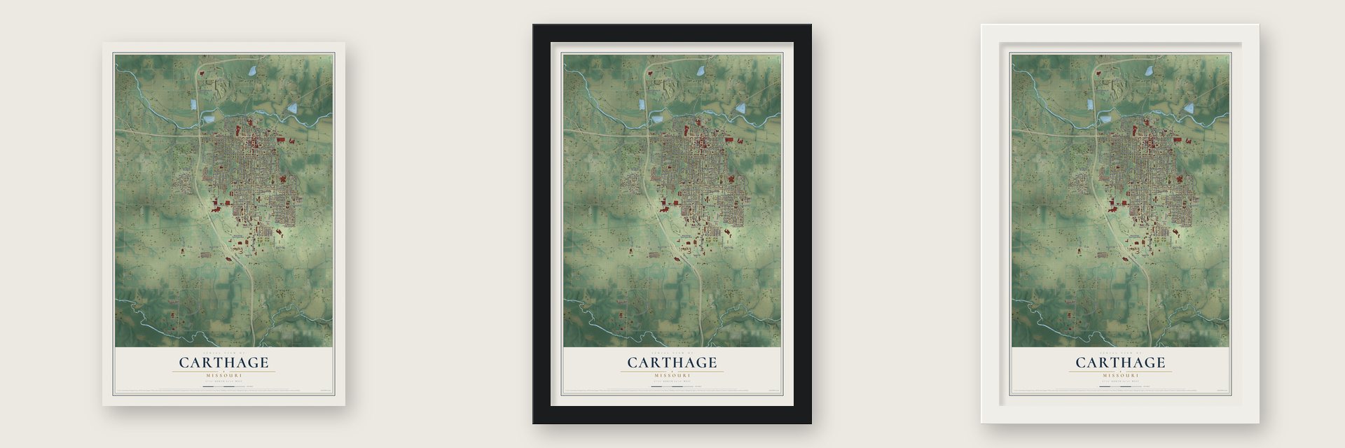 Carthage, Missouri map unframed, in a black wood frame and in a white wood frame