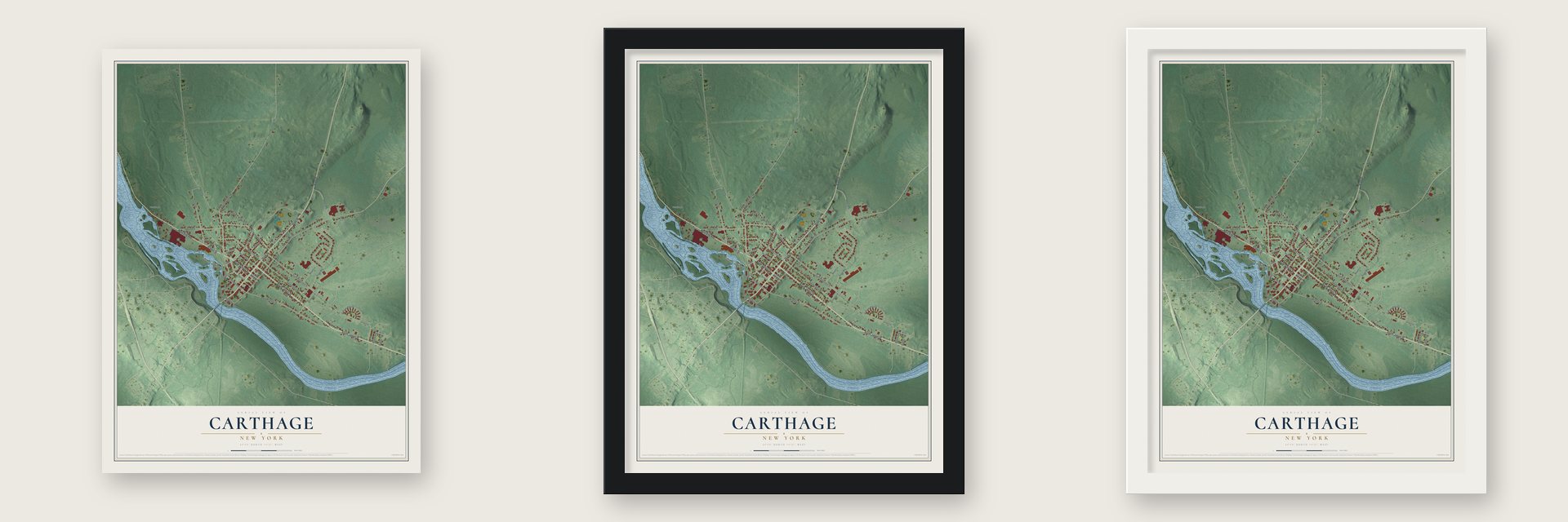 Carthage, New York map unframed, in a black wood frame and in a white wood frame