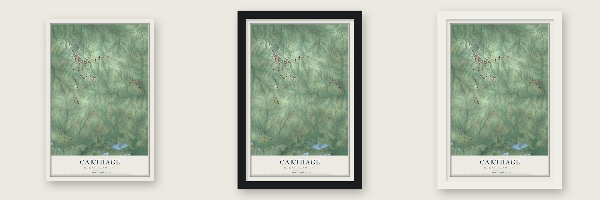 Carthage, North Carolina map unframed, in a black wood frame and in a white wood frame